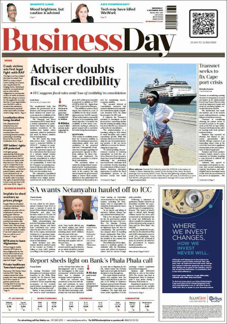 Portada de Business Day (Sud&aacute;frica)