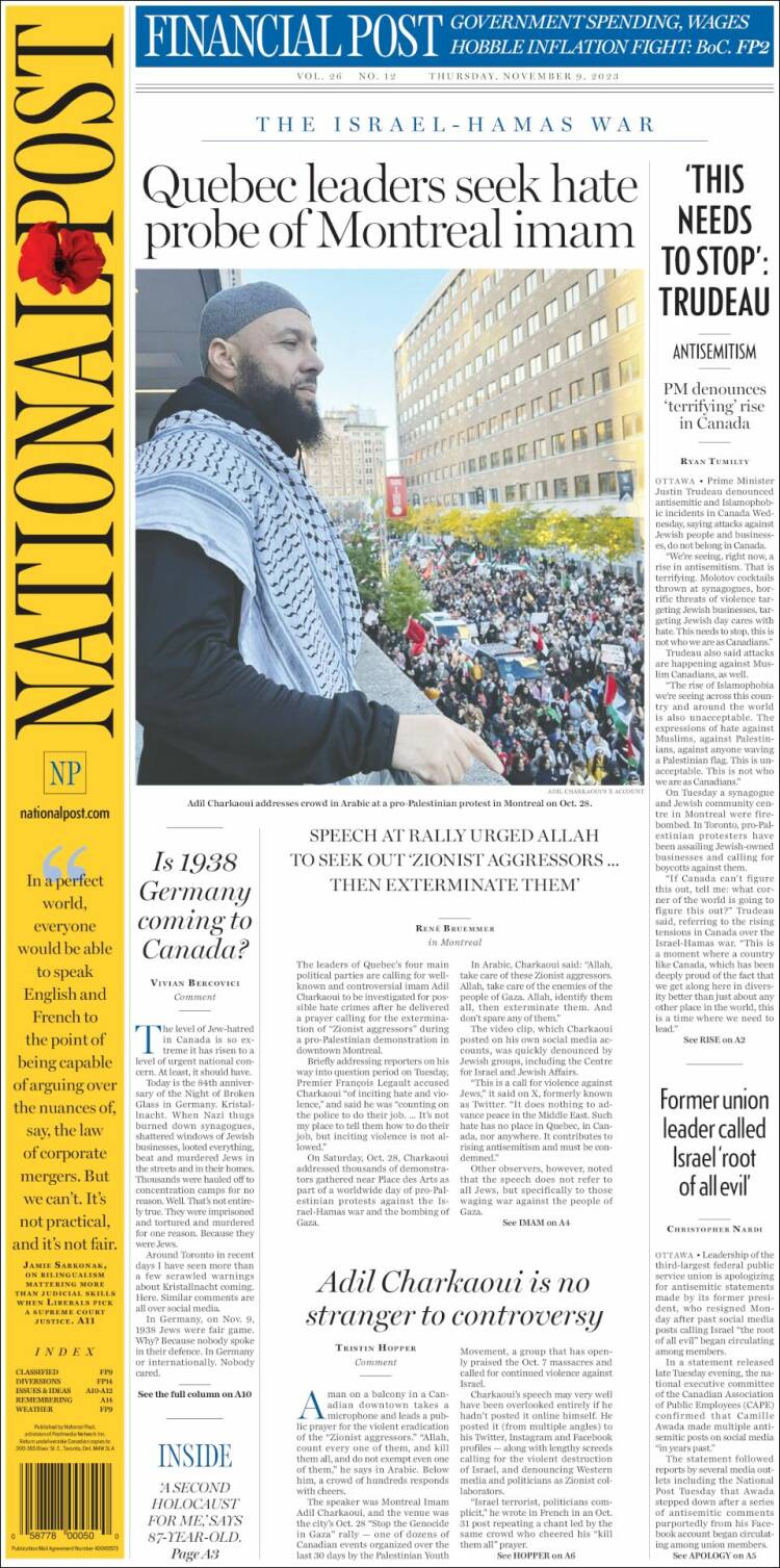 Portada de The National Post (Canadá)
