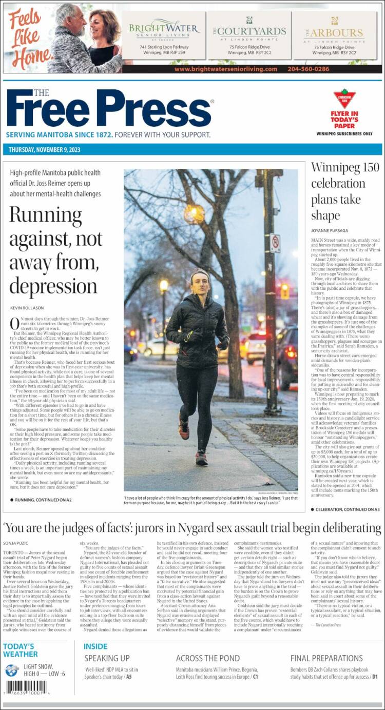 Portada de Winnipeg Free Press (Canadá)