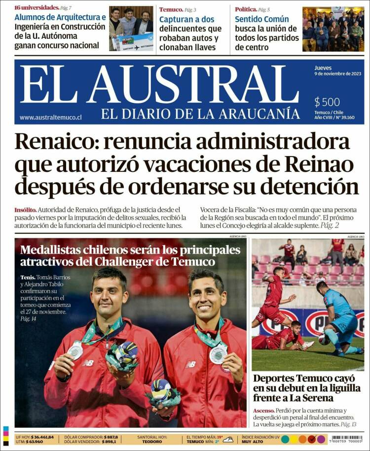 Portada de El Austral de Temuco (Chile)