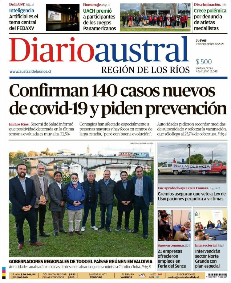 Portada de El Diario Austral de Valdivia (Chile)