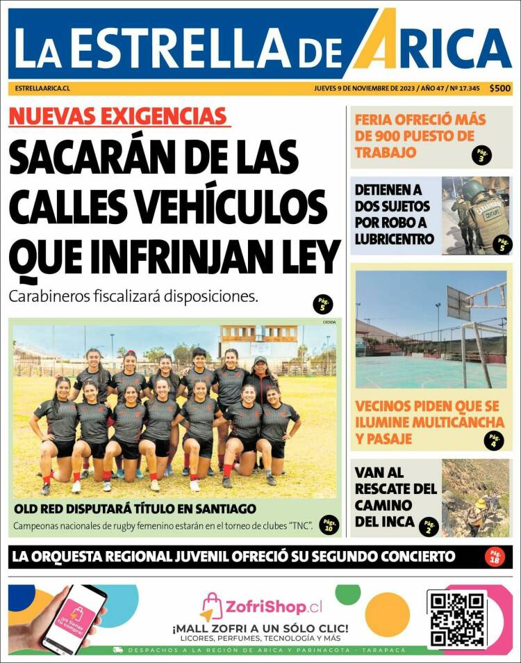 Portada de La Estrella de Arica (Chile)