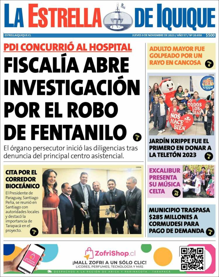 Portada de La Estrella de Iquique (Chile)