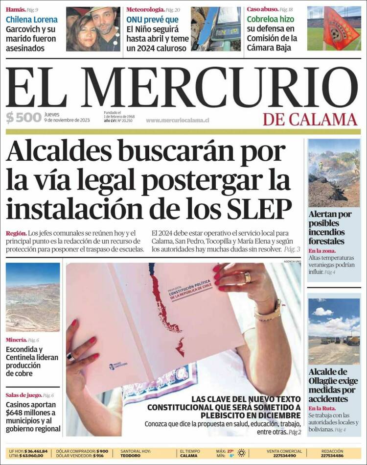 Portada de El Mercurio - Calama (Chile)