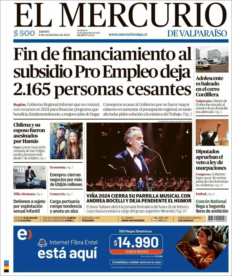 Portada de Mercurio de Valparaiso (Chile)