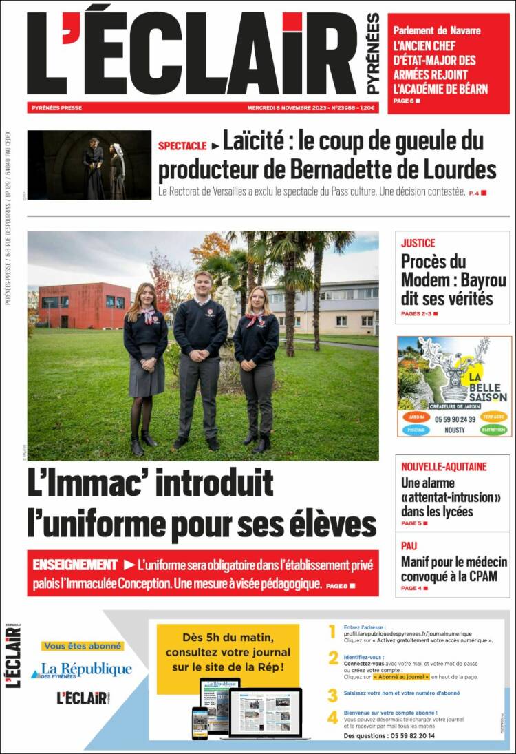 Portada de L'Eclair des Pyrénées (Francia)