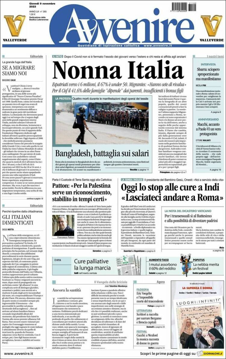 Portada de Avvenire (Italia)