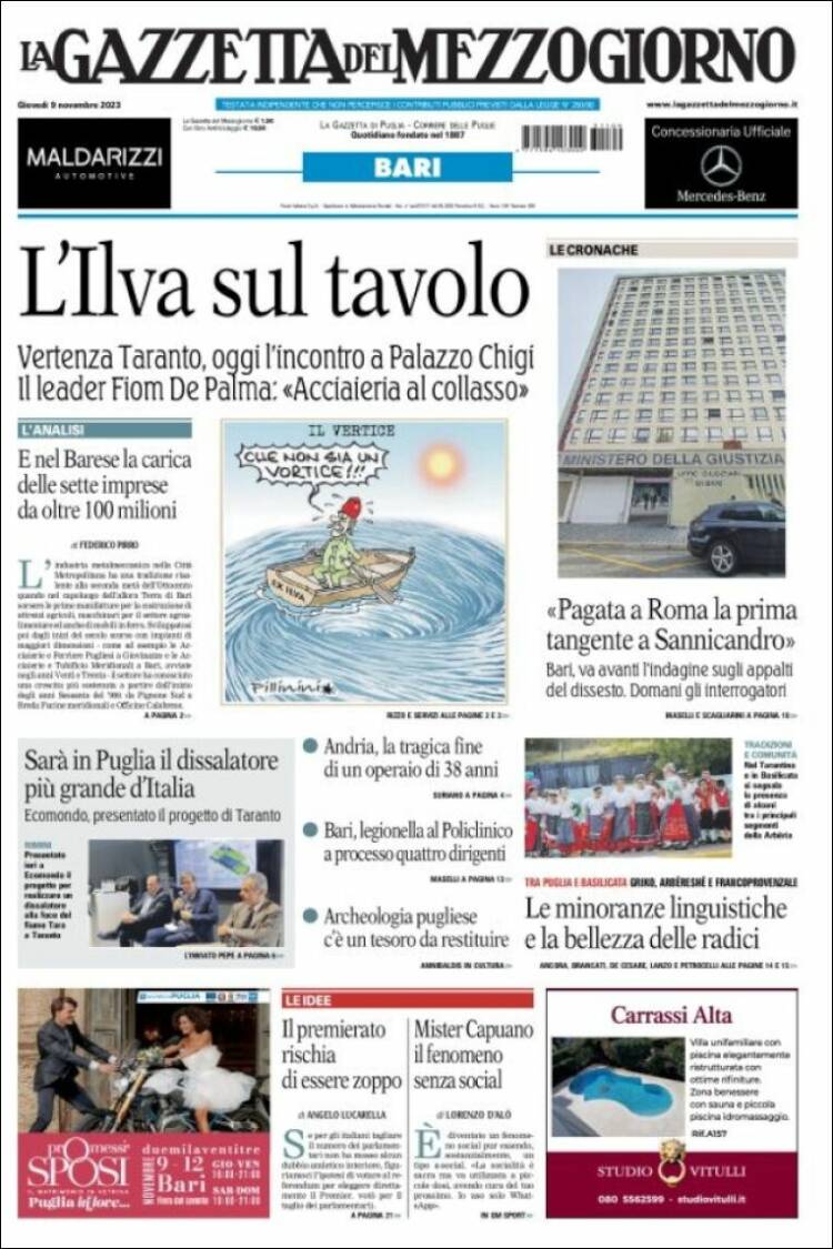 Portada de La Gazzetta del Mezzogiorno (Italia)