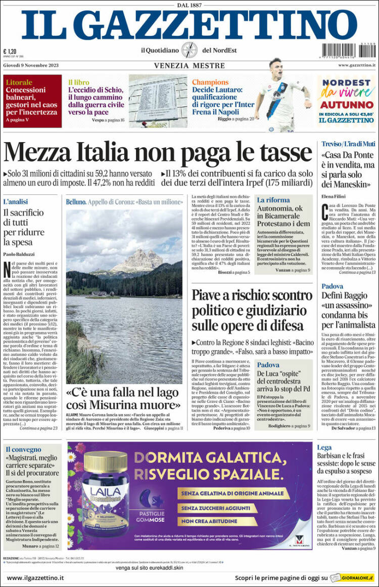 Portada de Il Gazzettino (Italia)