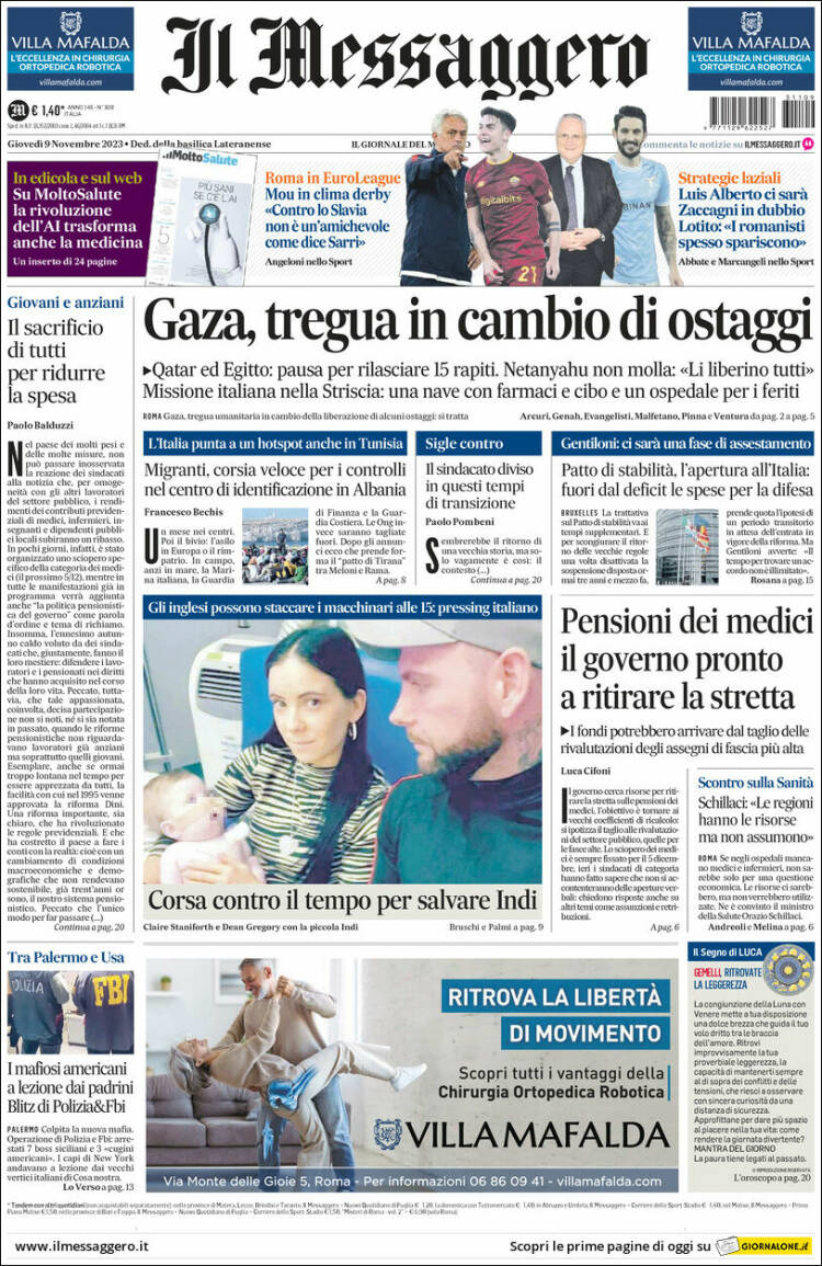 Portada de Il Messaggero (Italia)