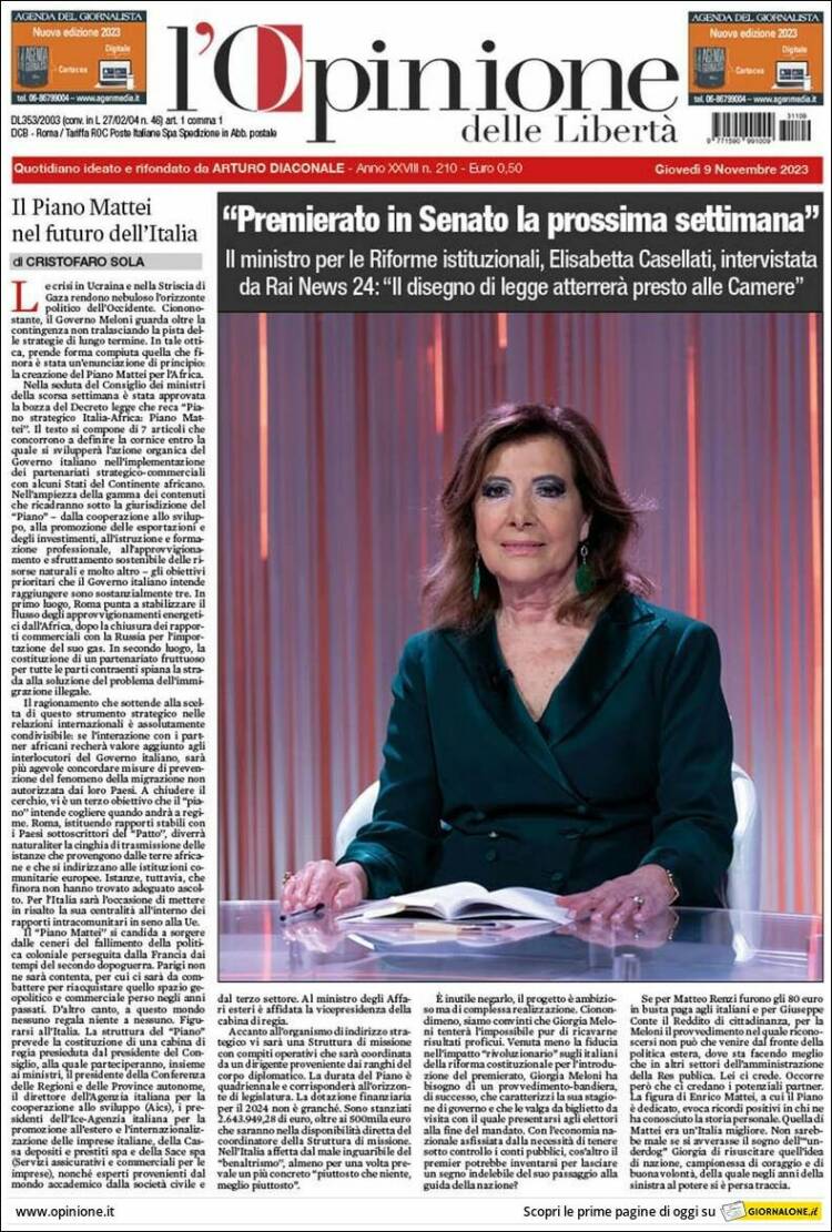 Portada de L'Opinione  delle Libertà (Italia)