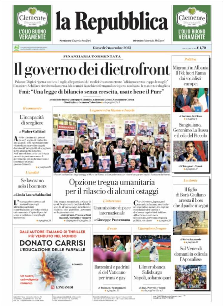 Portada de La Repubblica (Italia)