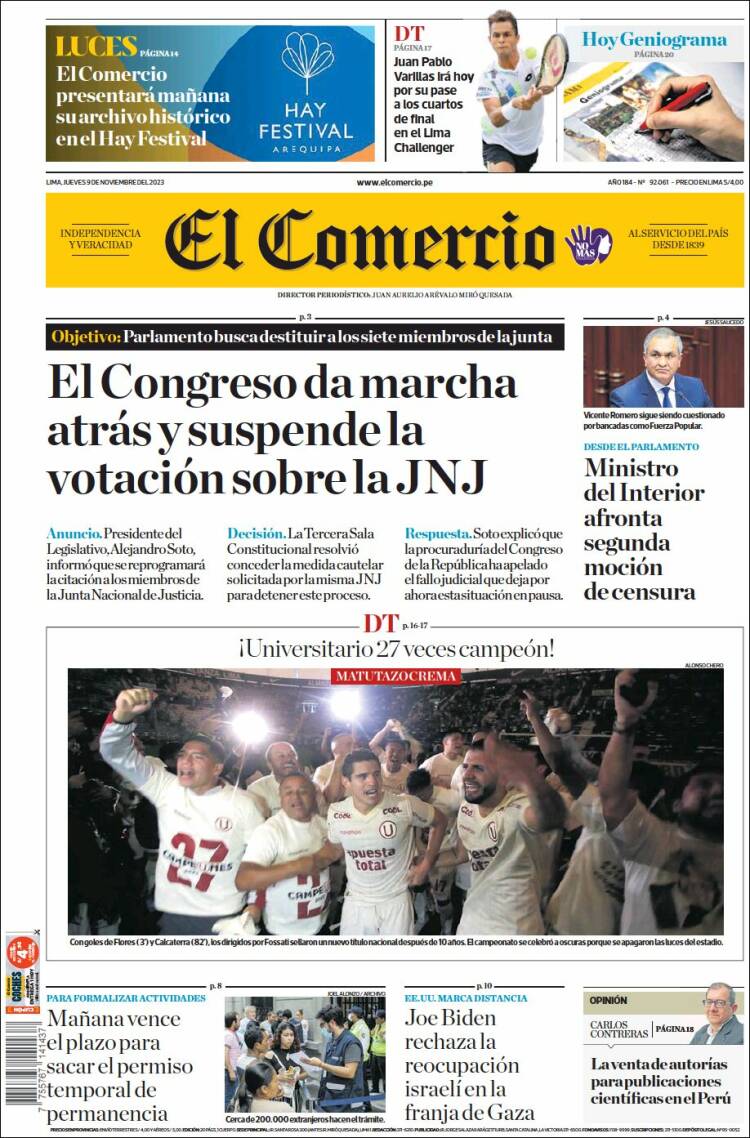 Portada de El Comercio (Per&uacute;)