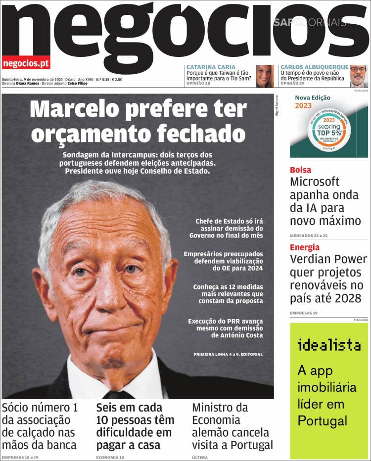 Portada de Jornal de Negócios (Portugal)