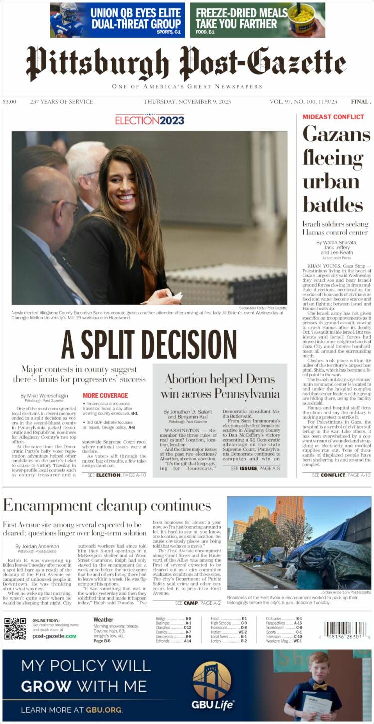 Portada de Pittsburgh Post-Gazette (USA)