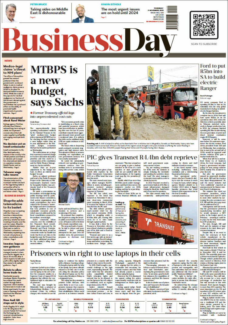 Portada de Business Day (Sud&aacute;frica)