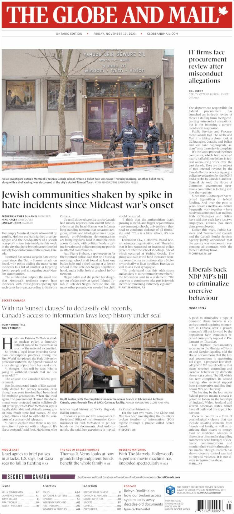 Portada de The Globe and Mail (Canadá)