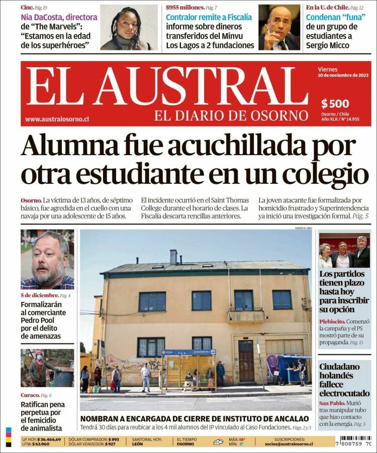 Portada de El Austral de Osorno (Chile)