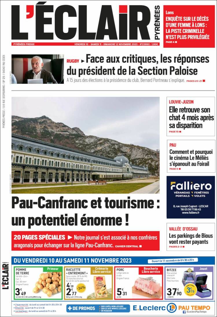 Portada de L'Eclair des Pyrénées (Francia)