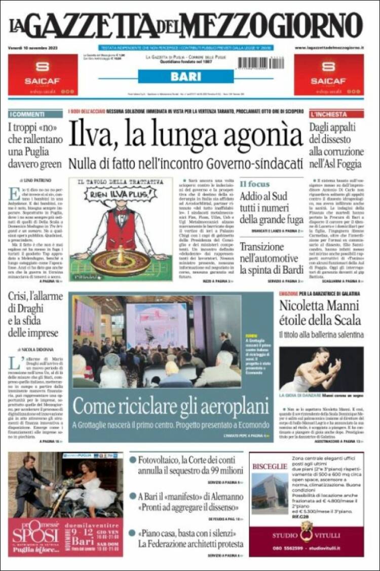 Portada de La Gazzetta del Mezzogiorno (Italia)
