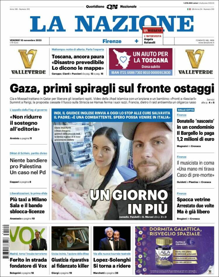 Portada de La Nazione (Italia)