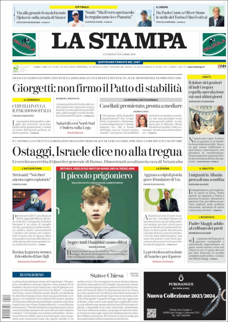 Portada de La Stampa (Italia)