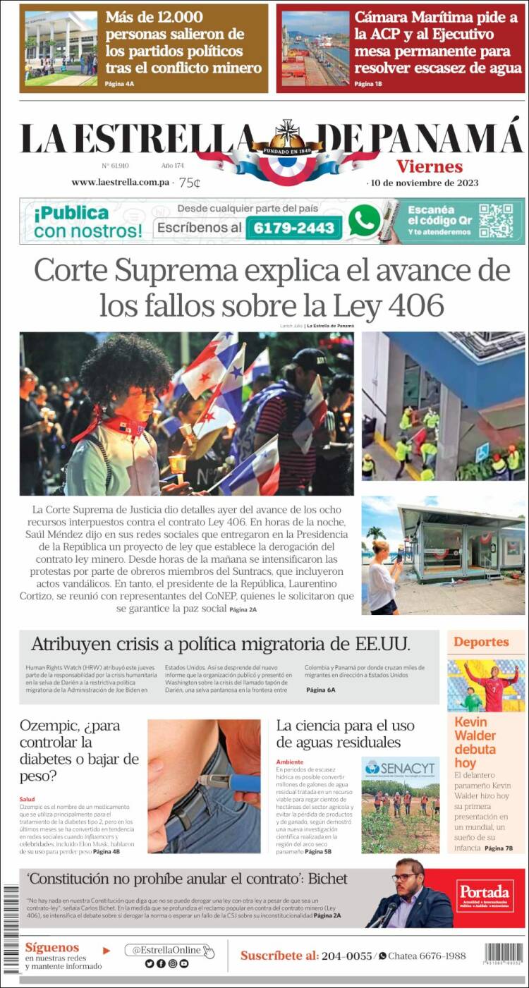 Portada de La Estrella de Panamá (Panam&aacute;)