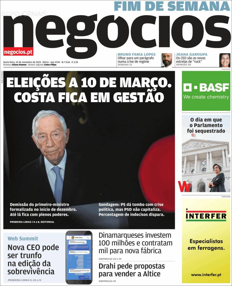 Portada de Jornal de Negócios (Portugal)
