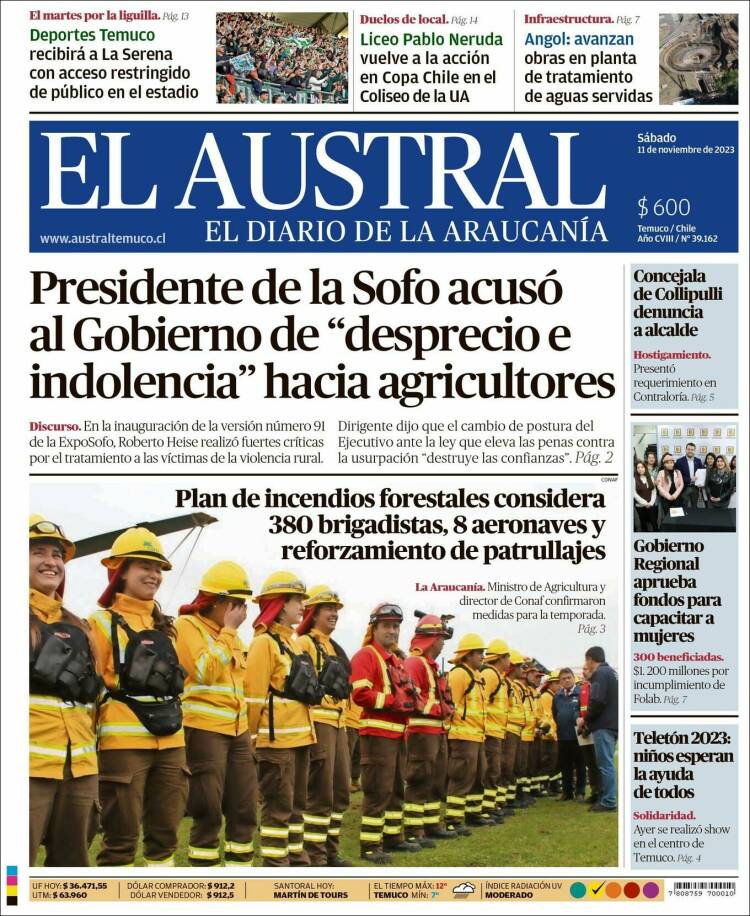 Portada de El Austral de Temuco (Chile)