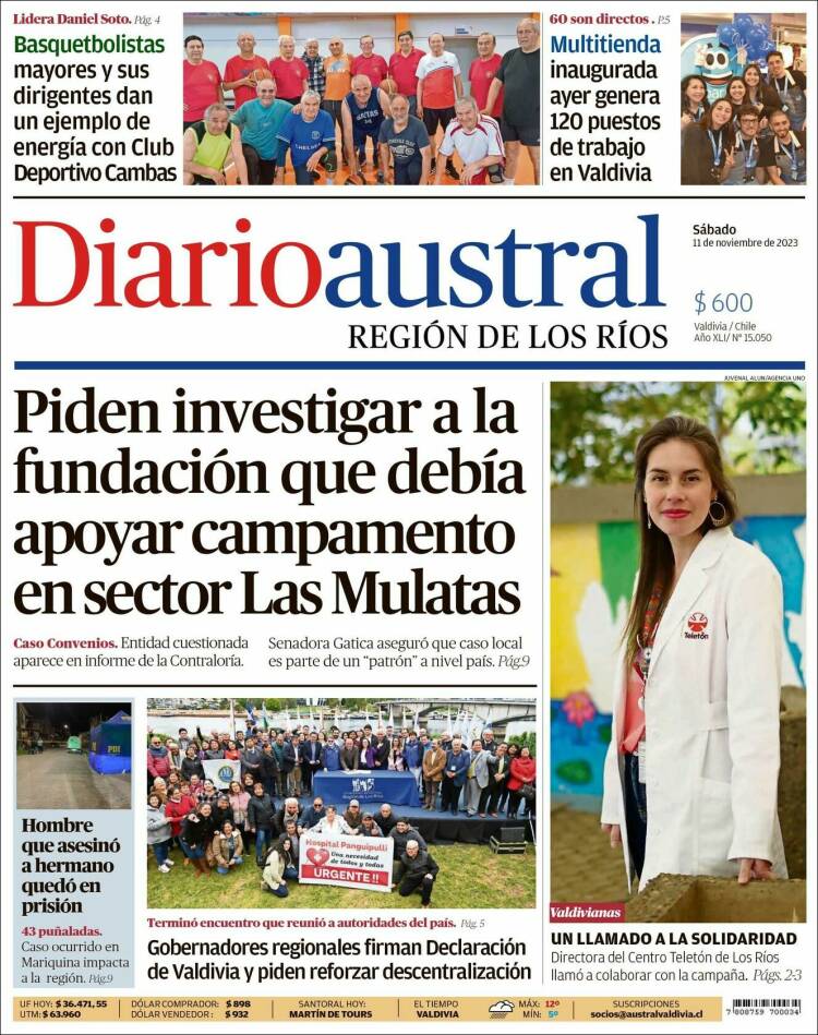 Portada de El Diario Austral de Valdivia (Chile)