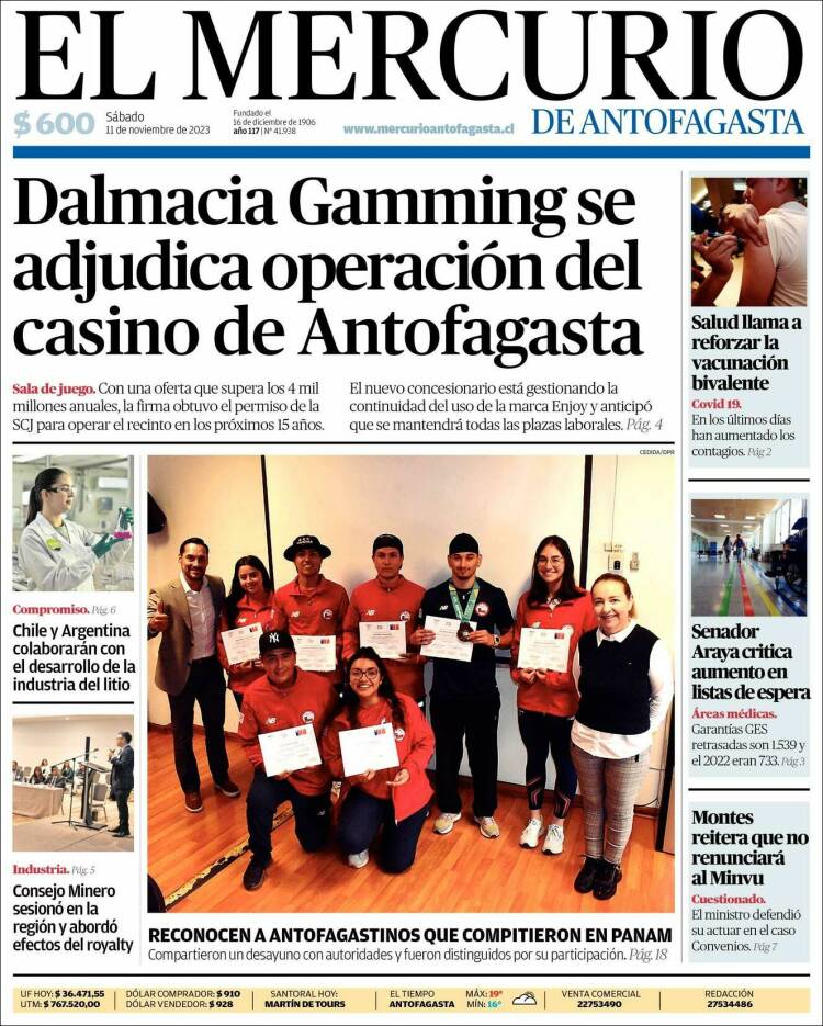 Portada de El Mercurio de Antofagasta (Chile)