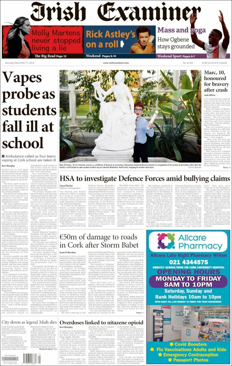 Portada de Irish Examiner (Irlanda)