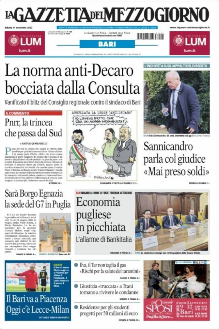 Portada de La Gazzetta del Mezzogiorno (Italia)