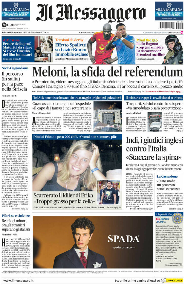 Portada de Il Messaggero (Italia)