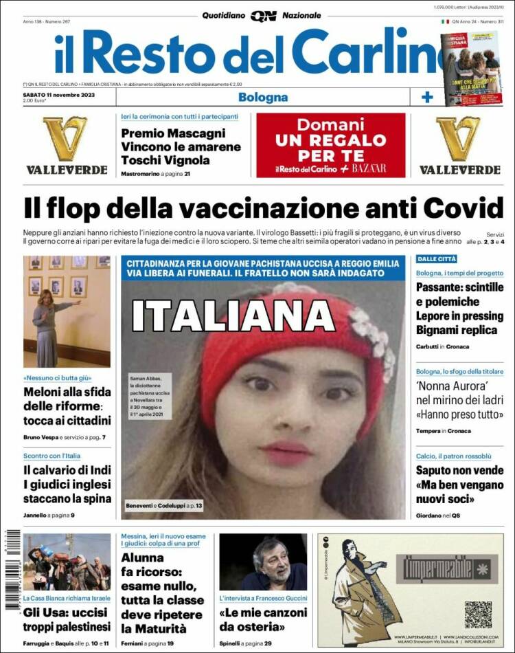 Portada de Il Resto del Carlino (Italia)