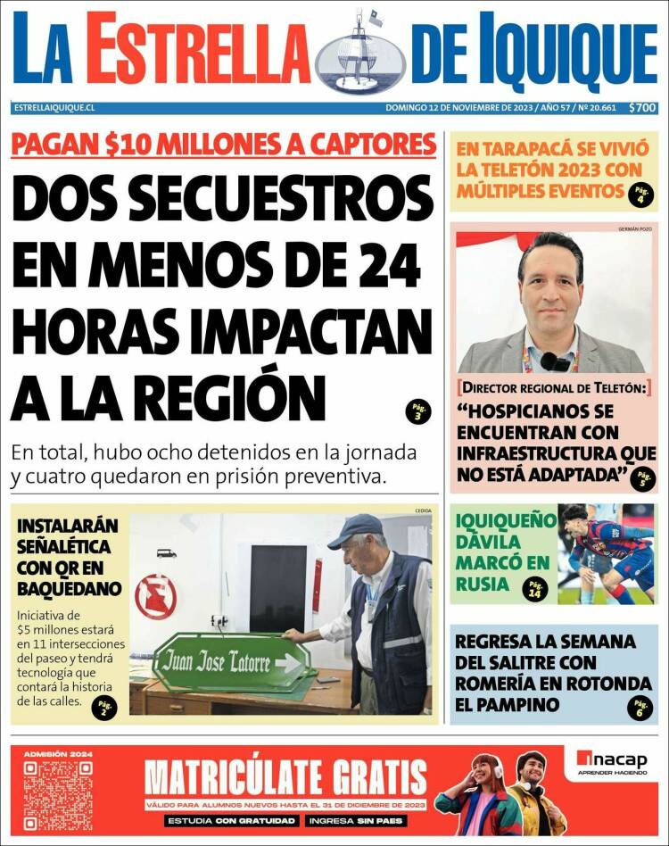 Portada de La Estrella de Iquique (Chile)