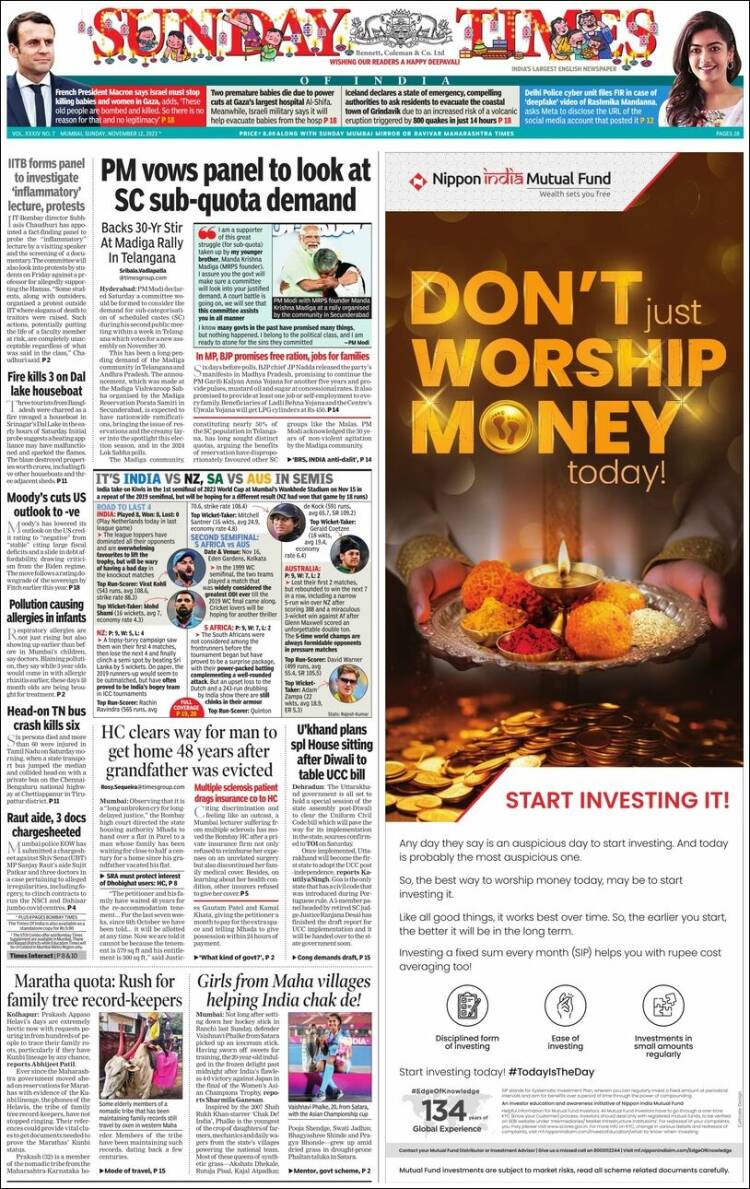 Portada de The Times of India (India)