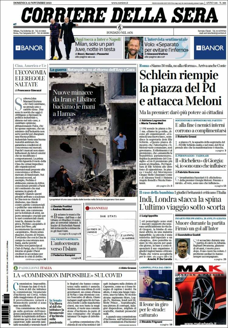 Portada de Corriere della Sera (Italia)