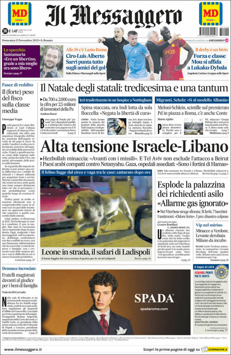 Portada de Il Messaggero (Italia)
