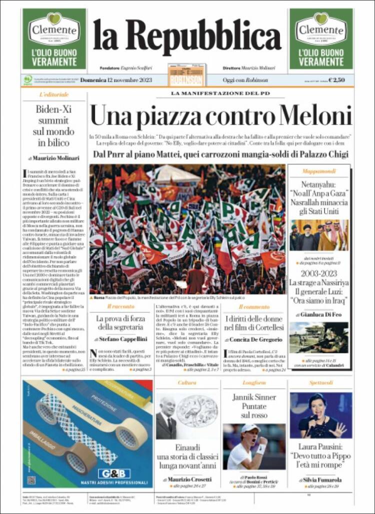 Portada de La Repubblica (Italia)