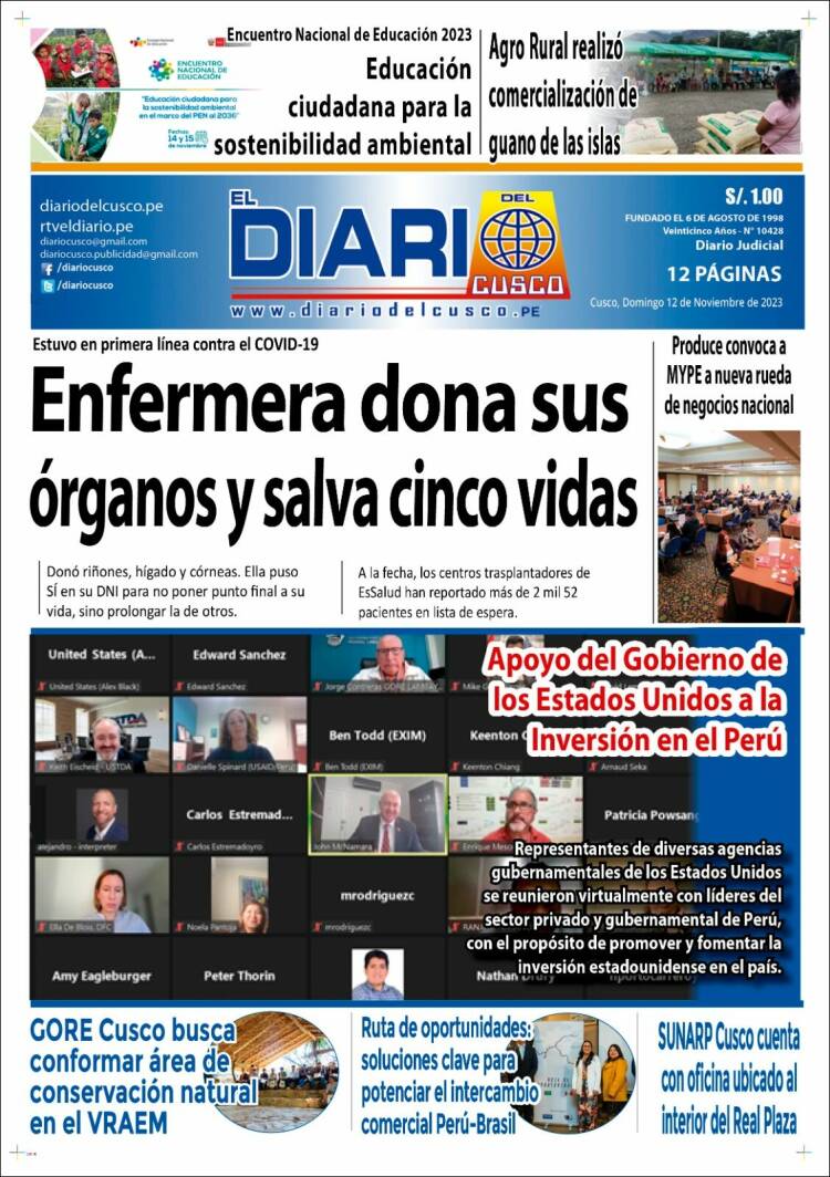 Portada de El Diario del Cusco (Per&uacute;)