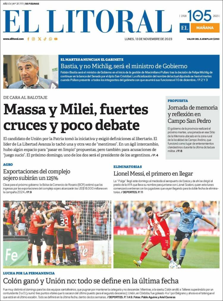 Portada de Diario El Litoral (Argentina)
