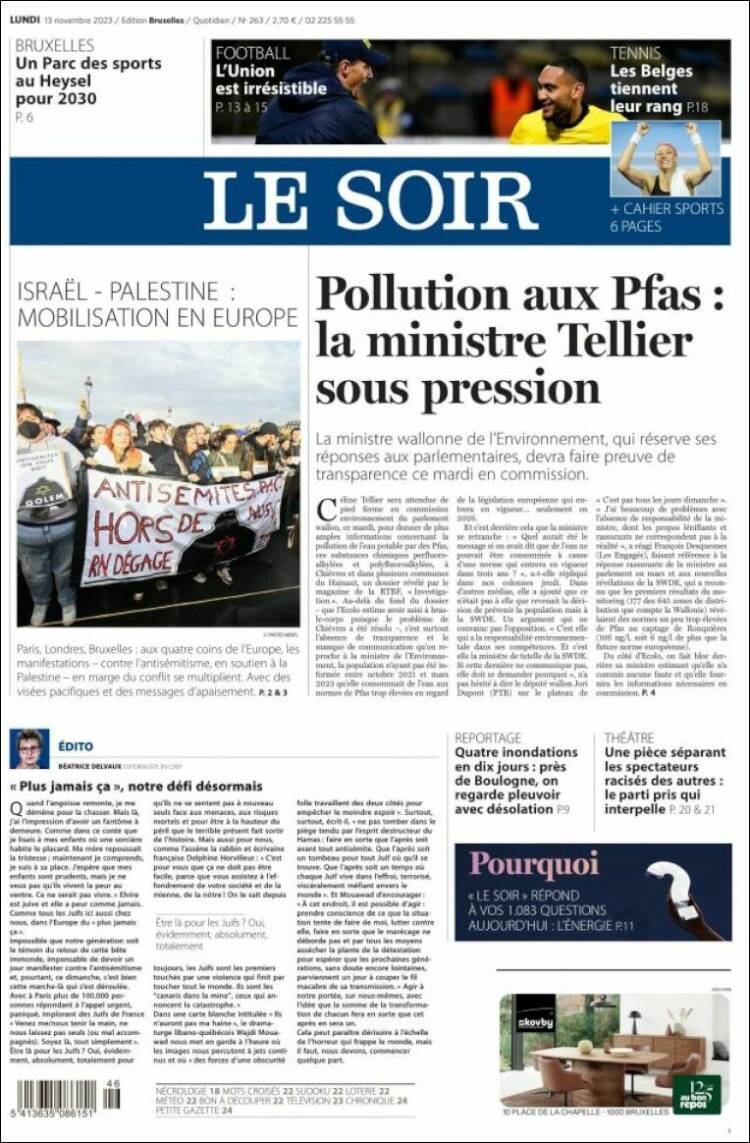 Portada de Le Soir (B&eacute;lgica)
