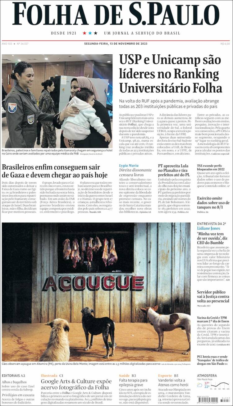Portada de Folha de São Paulo (Brasil)