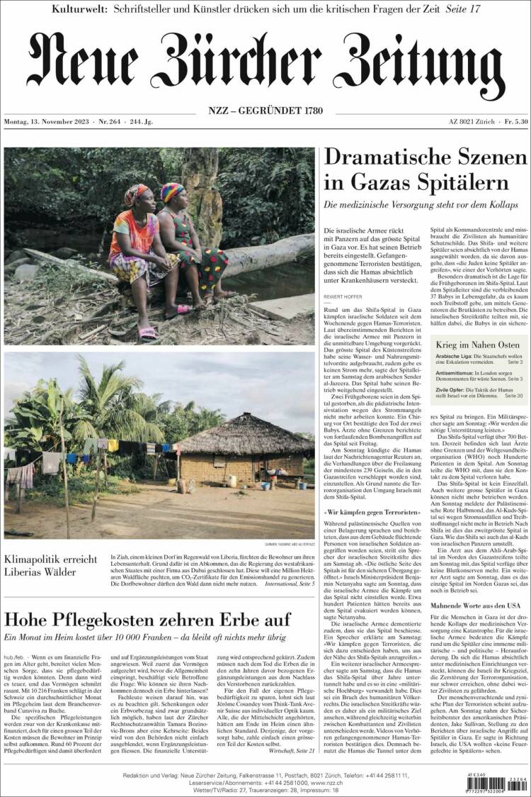 Portada de Neue Zürcher Zeitung (Suiza)