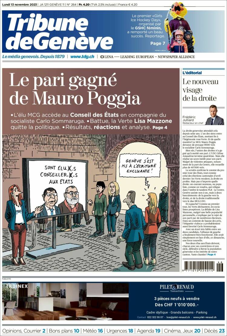 Portada de La Tribune de Genève (Suiza)