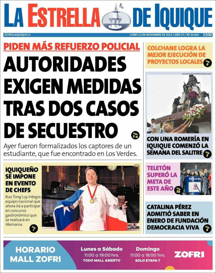 Portada de La Estrella de Iquique (Chile)
