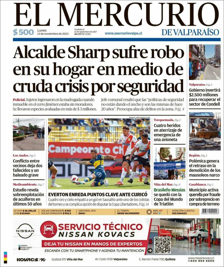 Portada de Mercurio de Valparaiso (Chile)
