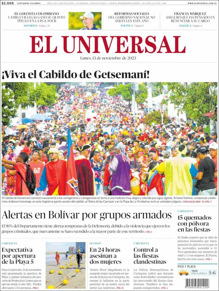 Portada de El Universal (Colombia)
