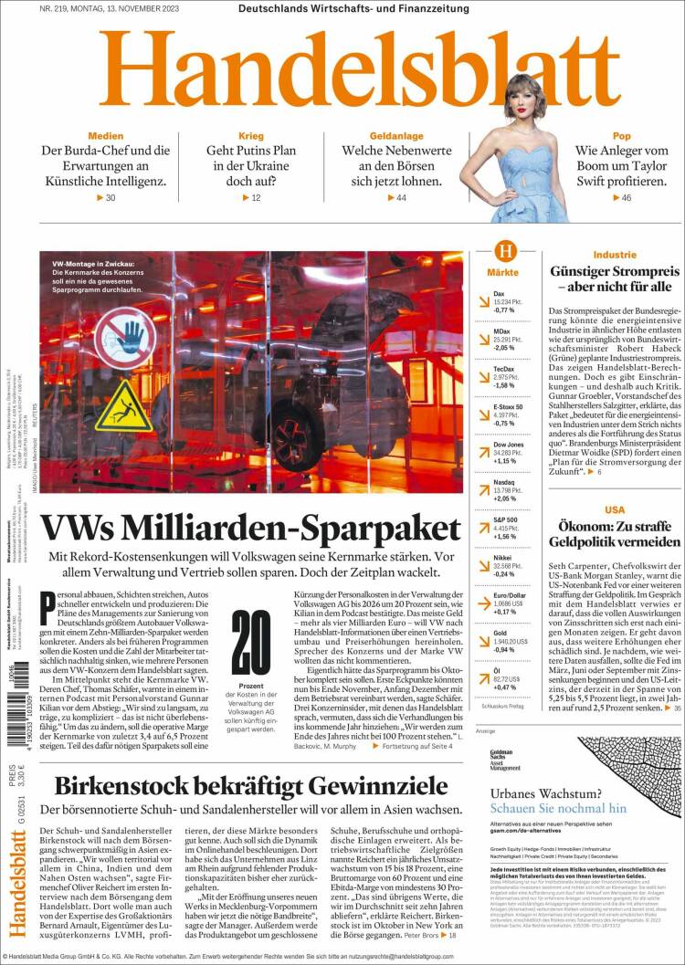 Portada de Handelsblatt (Alemania)